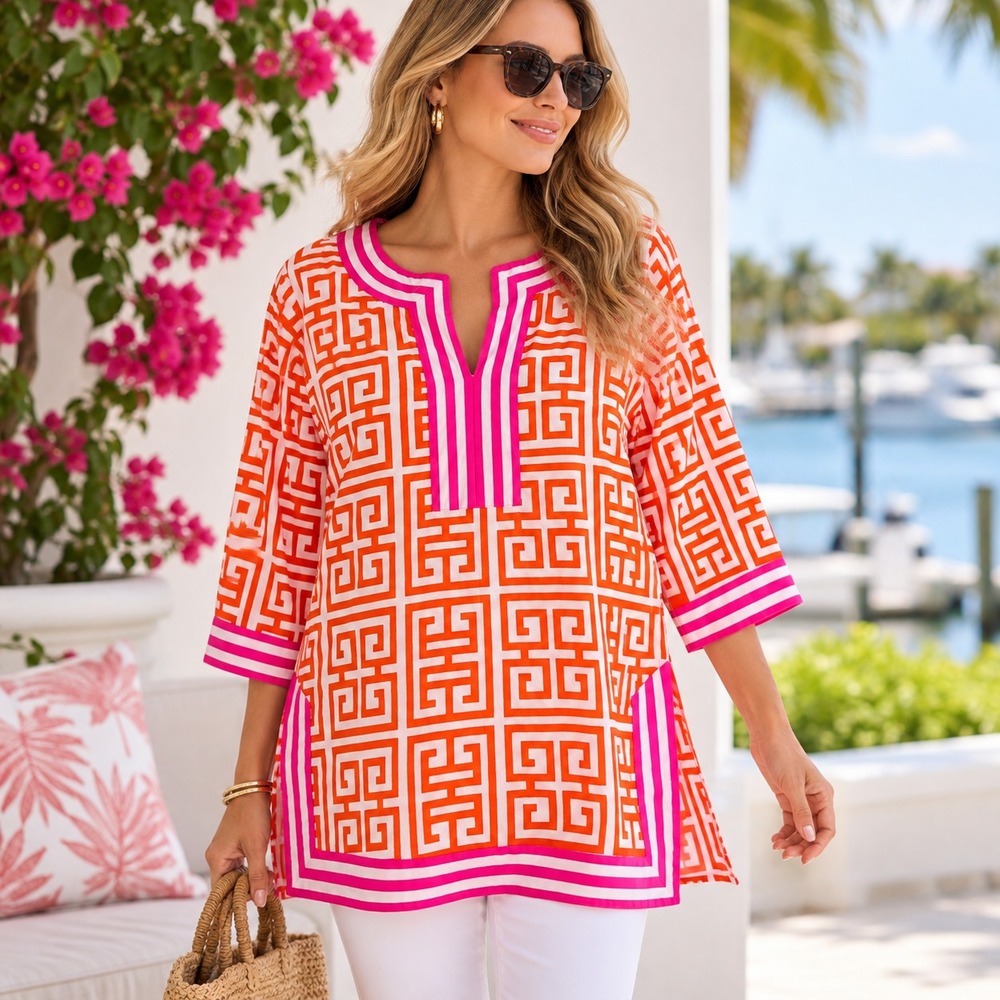 Gretchen Scott Womens Greek Key Tunic Top Sz L Orange Pink Resort Coastal Preppy